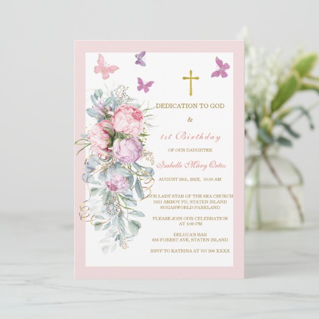 Elegant Floral Dedication and 1st Birthday Invitation (Standing Front)