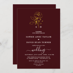 Elegant Floral Deep Burgundy Gold Monogram Wedding Invitation