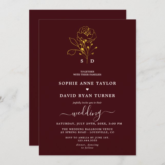 Elegant Floral Deep Burgundy Gold Monogram Wedding Invitation (Front/Back)