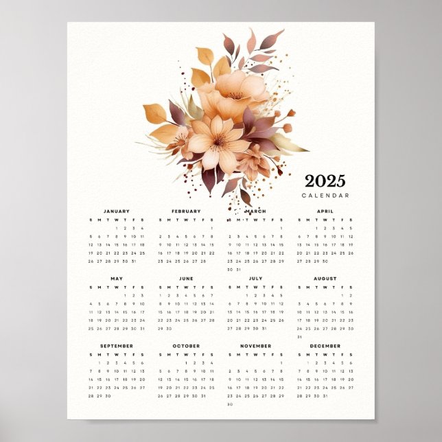 Elegant Floral Design Beige Colour Flowers Calenda Poster (Front)