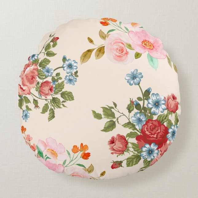 Elegant Floral Design Round Throw Pillow (Front)