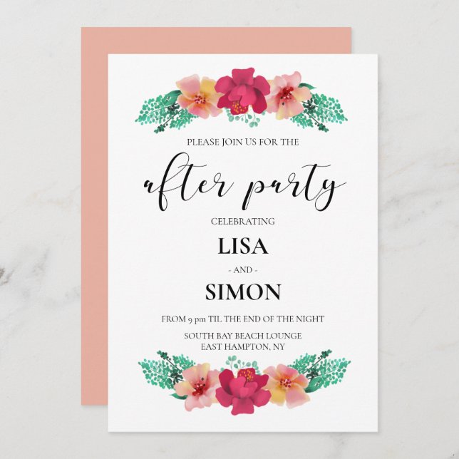 Elegant floral design wedding after party invitation (Front/Back)