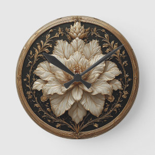 Elegant Floral Design with Gold Embellishments Round Clock