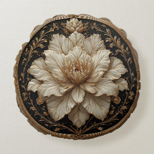 Elegant Floral Design with Gold Embellishments Round Cushion