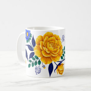 Elegant Floral Design with Golden & Blue Blossoms Coffee Mug