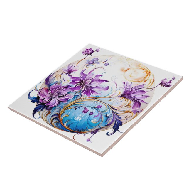 Elegant Floral Design With Purple and Blue Accents Ceramic Tile (Side)