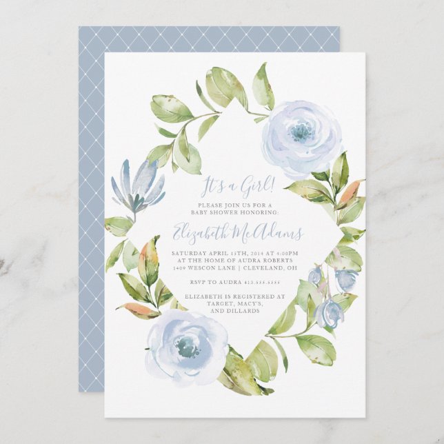 Elegant Floral Diamond Dusty Blue Baby Shower Invitation (Front/Back)