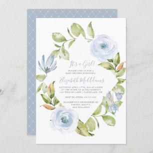 Elegant Floral Diamond Dusty Blue Baby Shower Invitation