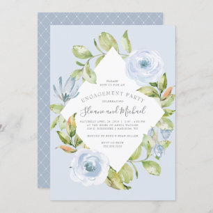 Elegant Floral Diamond Dusty Blue Engagement Party Invitation