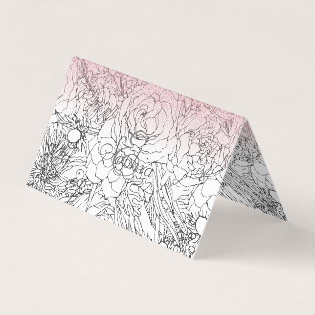 Elegant Floral Doodles Pink Gradient Glitter Image Business Card (Front)