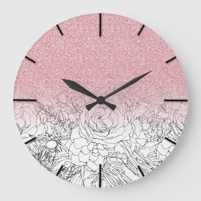 Elegant Floral Doodles Pink Gradient Glitter Image Large Clock (Front)