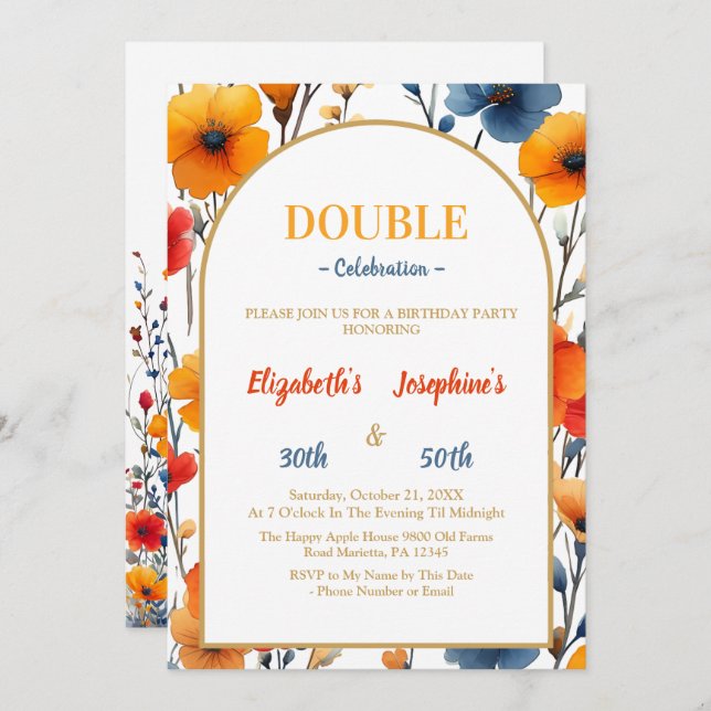 Elegant Floral double joint birthday celebration Invitation (Front/Back)