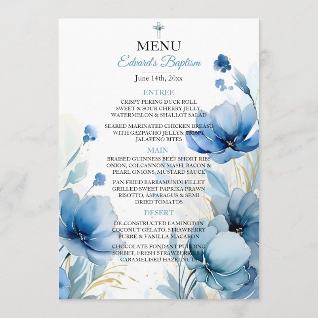 Elegant Floral Dusty Blue Baptism Menu (Front)