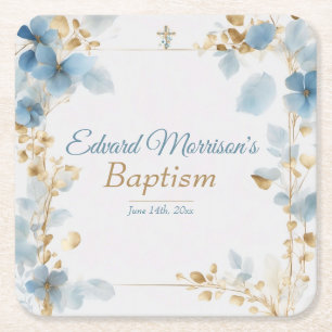 Elegant Floral Dusty Blue Baptism Square Paper Coaster