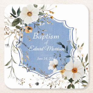 Elegant Floral Dusty Blue Baptism Square Paper Coaster