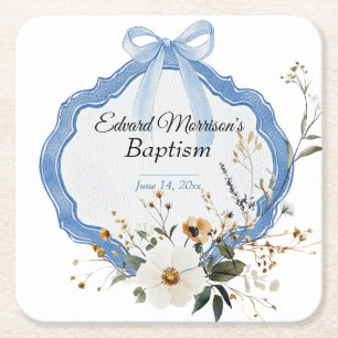 Elegant Floral Dusty Blue Baptism Square Paper Coaster