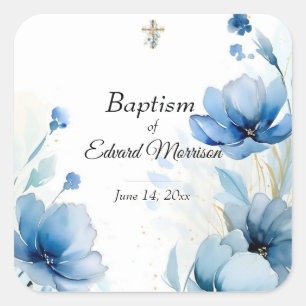Elegant Floral Dusty Blue Baptism Square Sticker