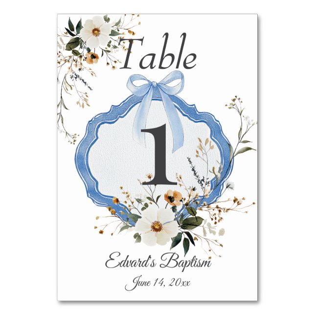Elegant Floral Dusty Blue Baptism Table Number (Front)