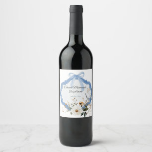Elegant Floral Dusty Blue Baptism Wine Label