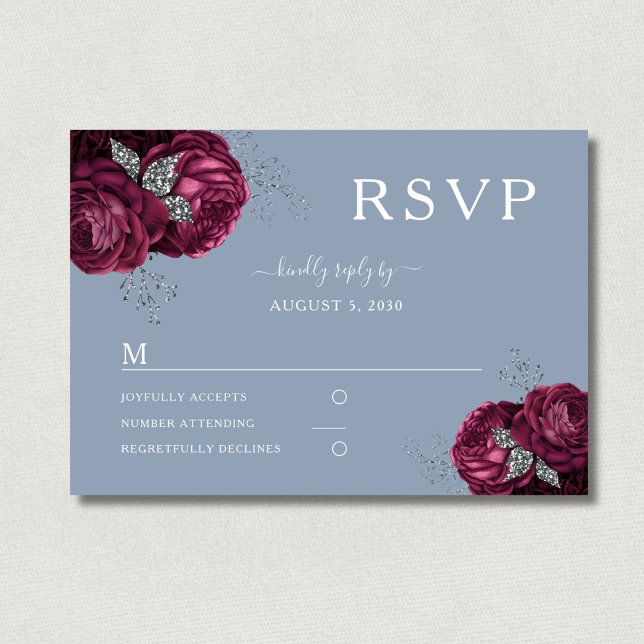 Elegant Floral Dusty Blue Burgundy Wedding RSVP Card (Elegant Floral Dusty Blue Burgundy Wedding RSVP Card)