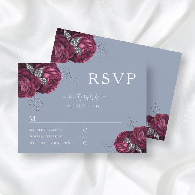 Elegant Floral Dusty Blue Burgundy Wedding RSVP Card (Creator Uploaded)