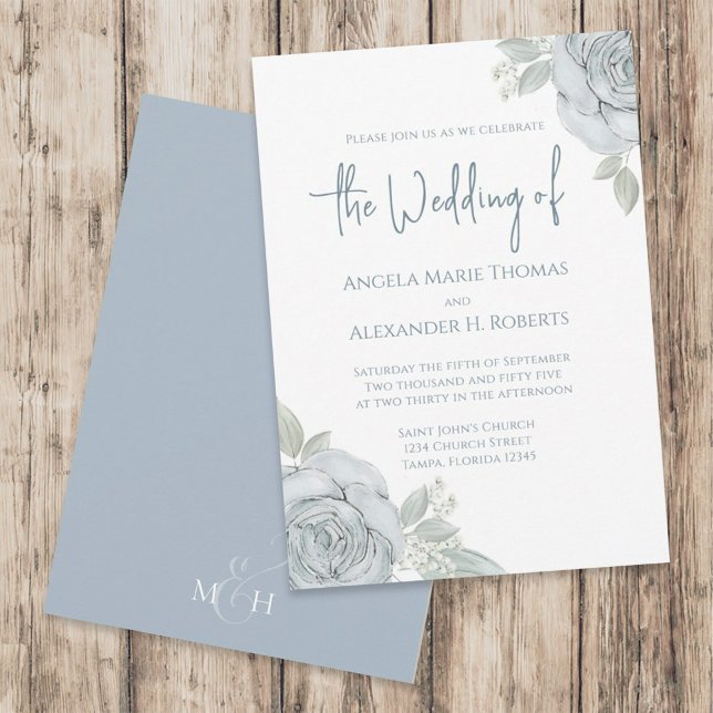 Elegant Floral Dusty Blue Classic Rose Flowers  Invitation (Creator Uploaded)