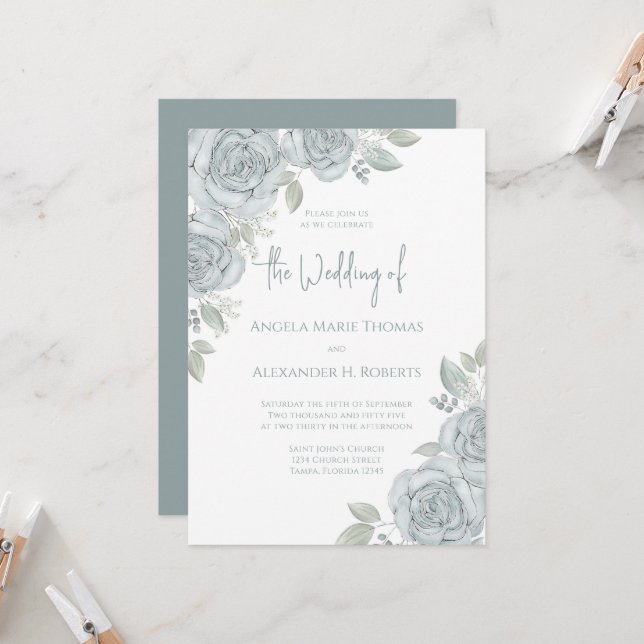 Elegant Floral Dusty Blue Classic Rose Flowers Invitation (Front/Back In Situ)