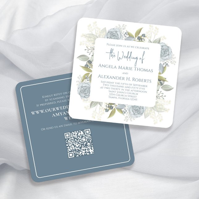 Elegant Floral Dusty Blue Classic Rose QR Code   Invitation (Elegant light blue watercolor floral square invitation with scannable QR code. )