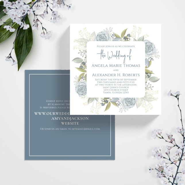 Elegant Floral Dusty Blue Classic Rose QR Code  Invitation (Wedding blue floral wedding invitation square template.)