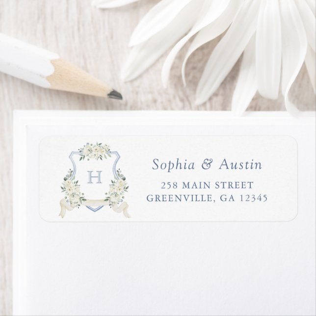 Elegant Floral Dusty Blue Crest Return Address Label (Insitu)