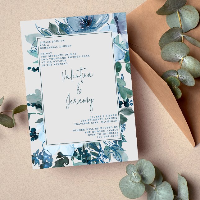 Elegant Floral Dusty Blue Flowers Rehearsal Dinner Invitation (Creator Uploaded)