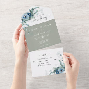 Elegant Floral Dusty Blue Greenery Wedding All In One Invitation