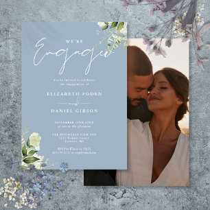 Elegant Floral Dusty Blue Photo Engagement Party Invitation