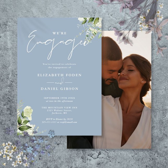 Elegant Floral Dusty Blue Photo Engagement Party Invitation (Elegant Floral Dusty Blue Photo Engagement Party Invitation)