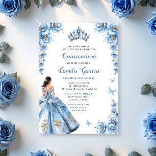 Elegant Floral Dusty Blue Princess Quinceañera Invitation