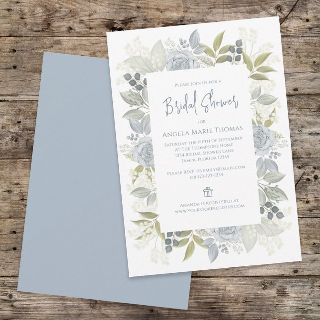 Elegant Floral Dusty Blue Rose Bridal Shower Rose Invitation (Creator Uploaded)