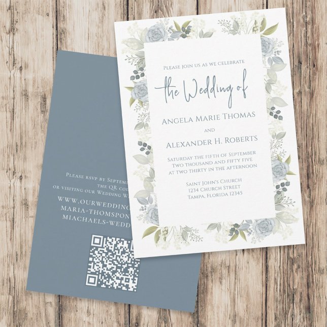 Elegant Floral Dusty Blue Rose QR Code Response Invitation (Creator Uploaded)
