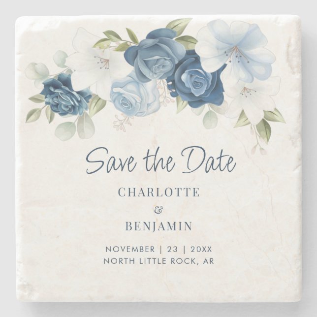Elegant Floral Dusty Blue Save the Date Keepsake Stone Coaster (Front)