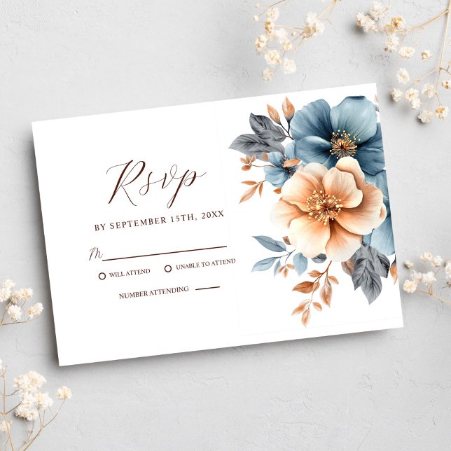 Elegant Floral Dusty Blue Terracotta Wedding RSVP Card (Elegant Floral Dusty Blue Terracotta Wedding RSVP Card)