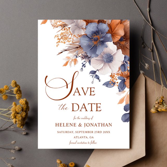 Elegant Floral Dusty Blue Terracotta Wedding Save The Date (Elegant Floral Dusty Blue Terracotta Wedding Save The Date)