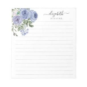 Elegant Floral Dusty Blue Watercolor Rose Script Notepad