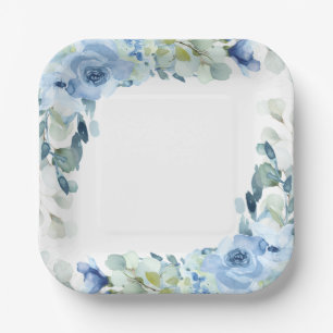 Elegant Floral Dusty Blue Watercolor Rose Wedding Paper Plate