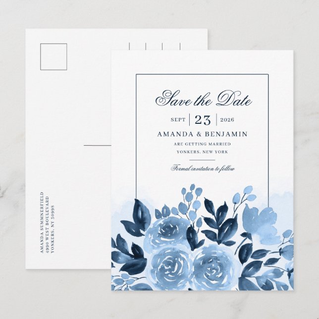 Elegant Floral Dusty Blue Watercolor Wedding Announcement Postcard (Front/Back)