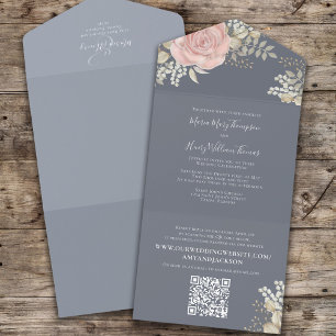 Elegant Floral Dusty Blue Wedding  All In One Invitation