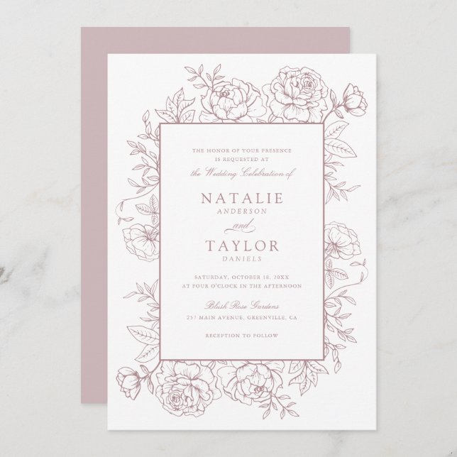 Elegant Floral Dusty Blush Roses Frame Wedding Invitation (Front/Back)