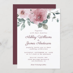 Elegant Floral Dusty Pink Rose Burgundy Wedding Invitation