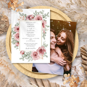 Elegant Floral Dusty Rose Gold Wedding Photo Invitation