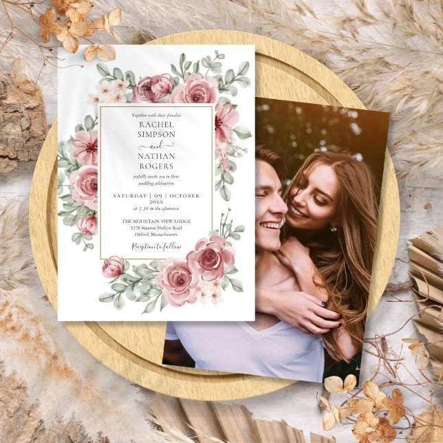 Elegant Floral Dusty Rose Gold Wedding Photo Invitation (Elegant Floral Dusty Rose Gold Wedding Photo Invitation)