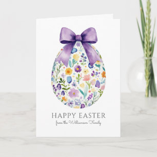 Elegant Floral Easter Egg with Bow Personalised Card