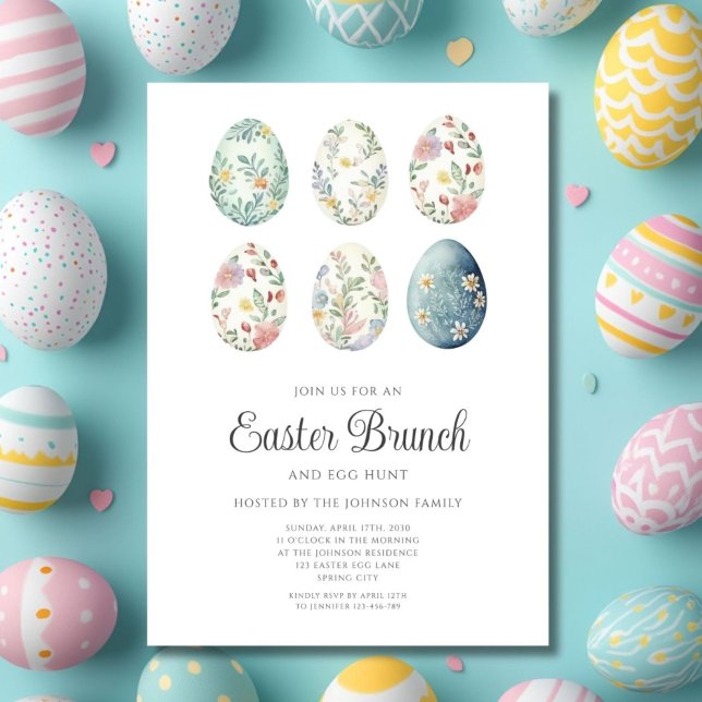 Elegant Floral Eggs Easter Brunch  Invitation (Elegant Floral Eggs Easter Brunch Invitation)